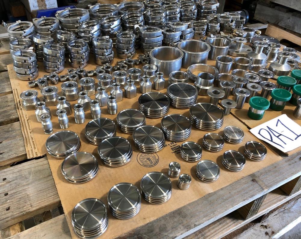 LOT (340) Stainless Steel Sanitary Clamps, End Caps, Ferrules, Adapters & More